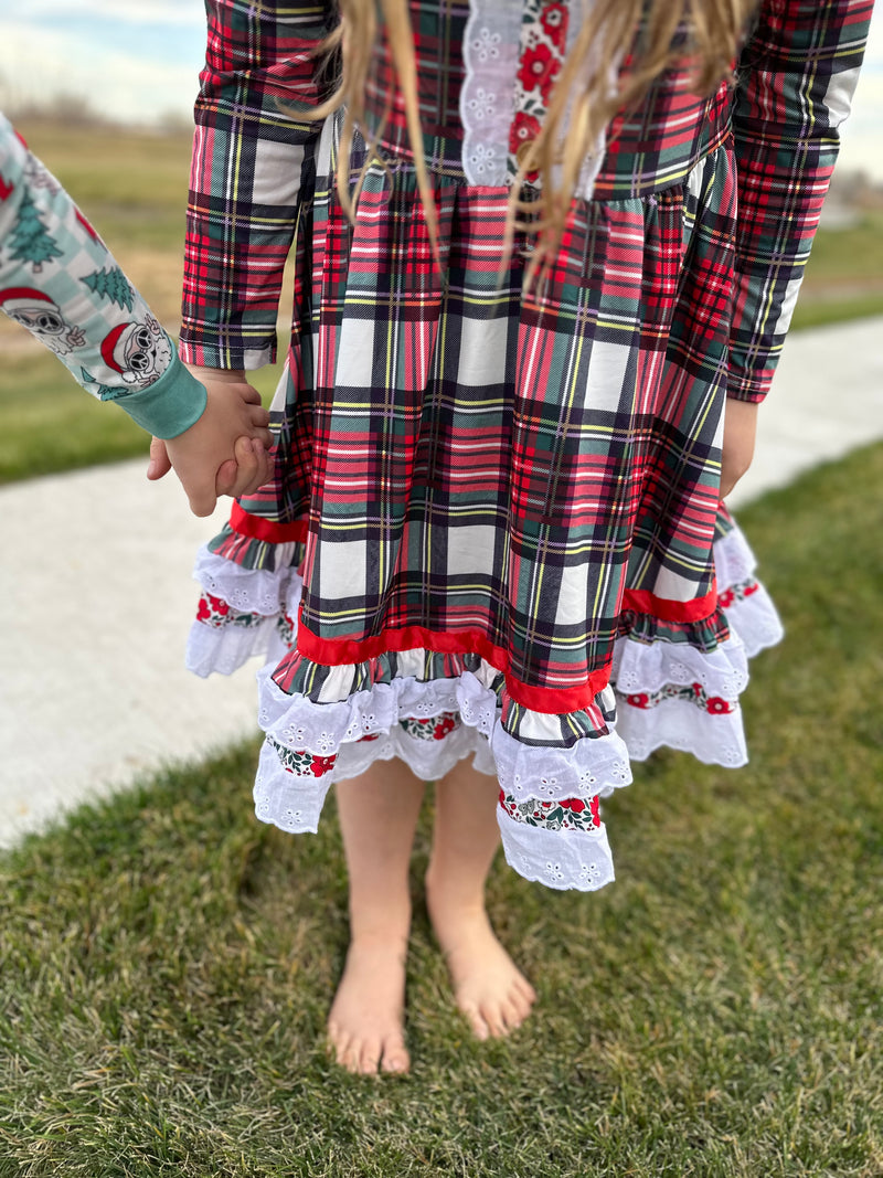 Christmas Plaid Ruffle Lace Twirl Dress Preorder