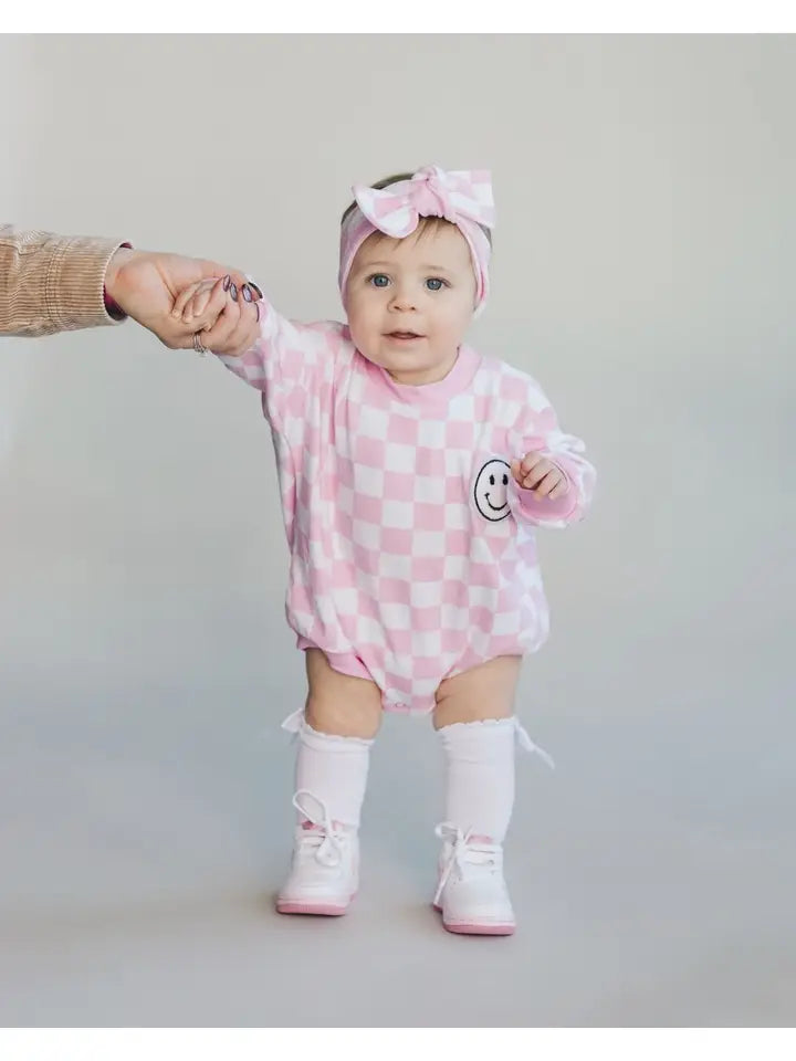 Checkered Smiley Pink Bubble Romper