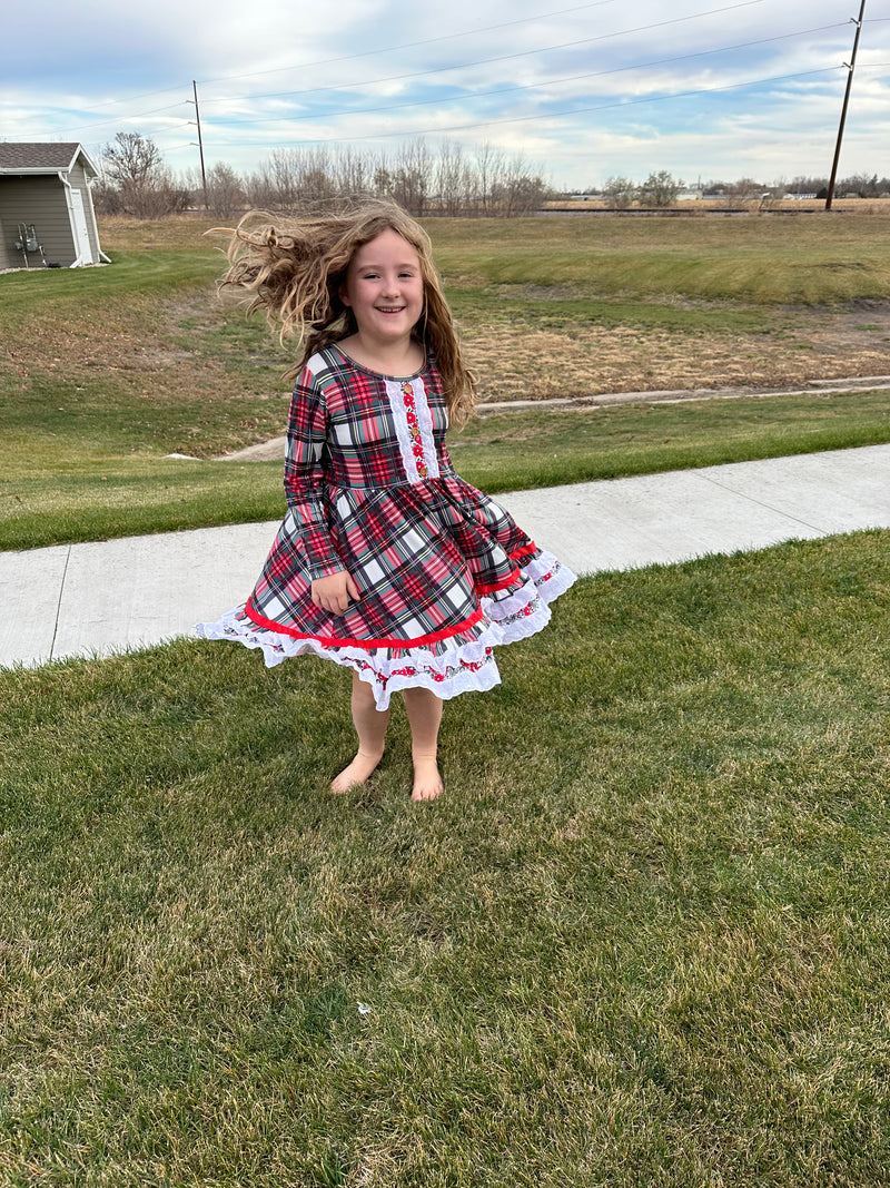 Christmas Plaid Ruffle Lace Twirl Dress Preorder