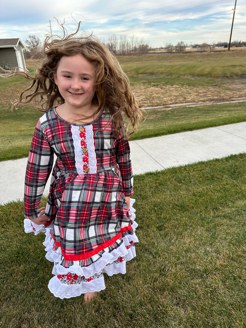 Christmas Plaid Ruffle Lace Twirl Dress Preorder