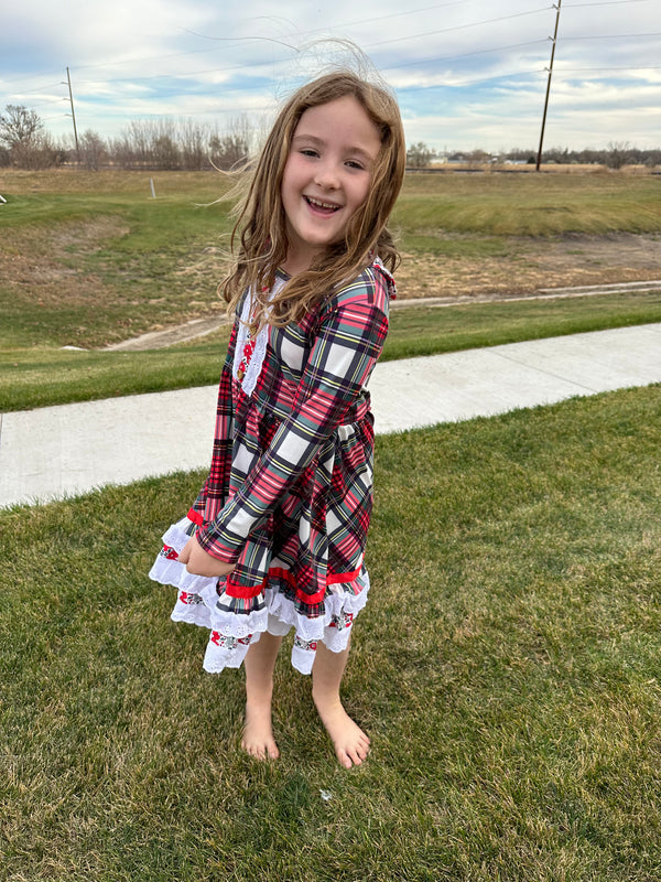 Christmas Plaid Ruffle Lace Twirl Dress Preorder