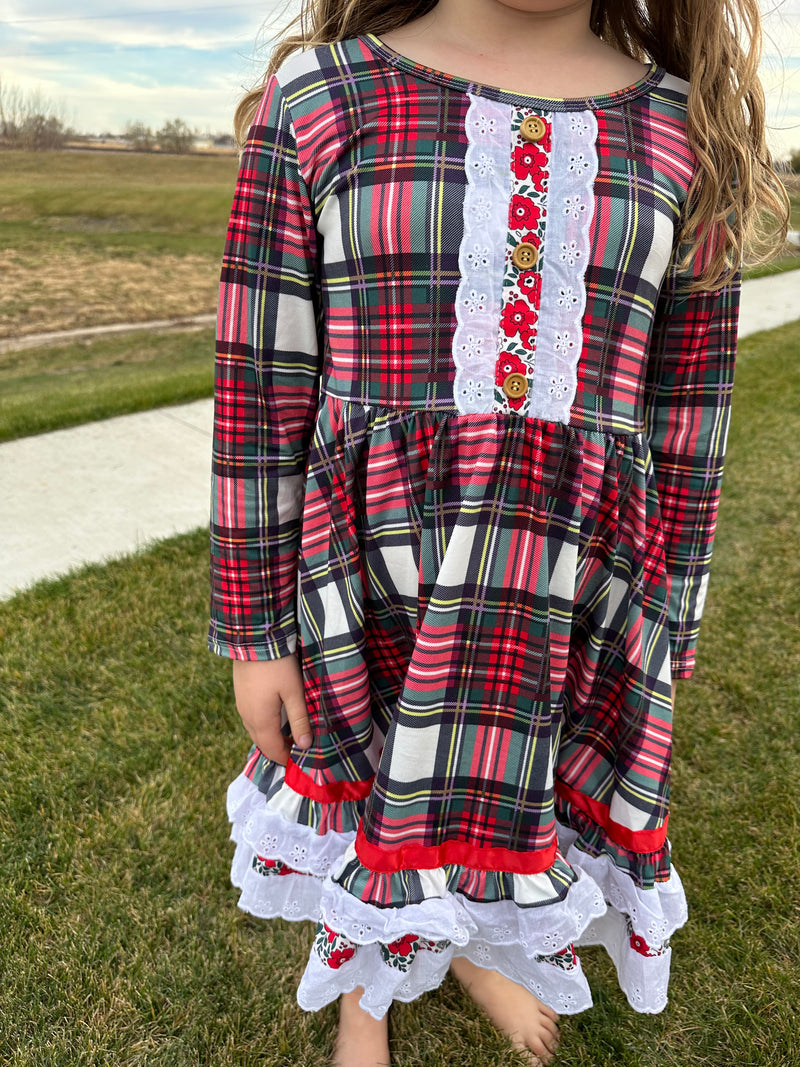 Christmas Plaid Ruffle Lace Twirl Dress Preorder