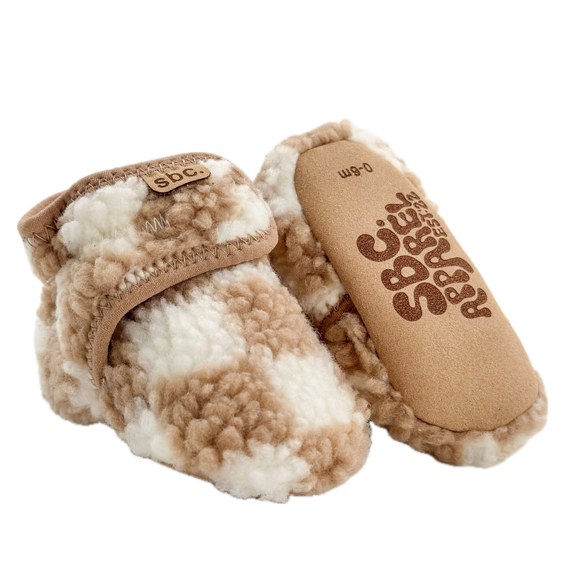 The Newborn Sherpa Bootie — Camel + White Checkered