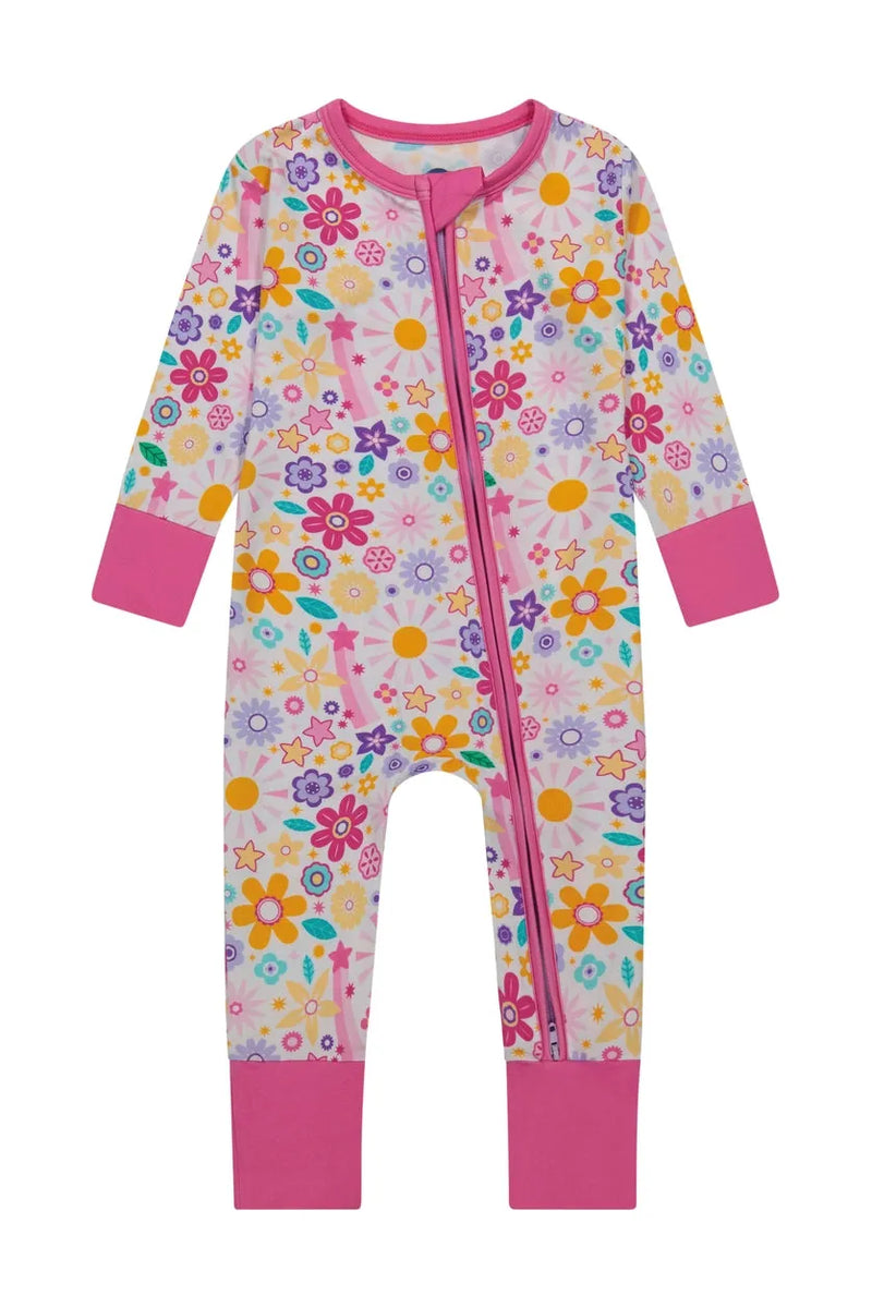 Bamboo One Piece Zip Pajama - Flower Power