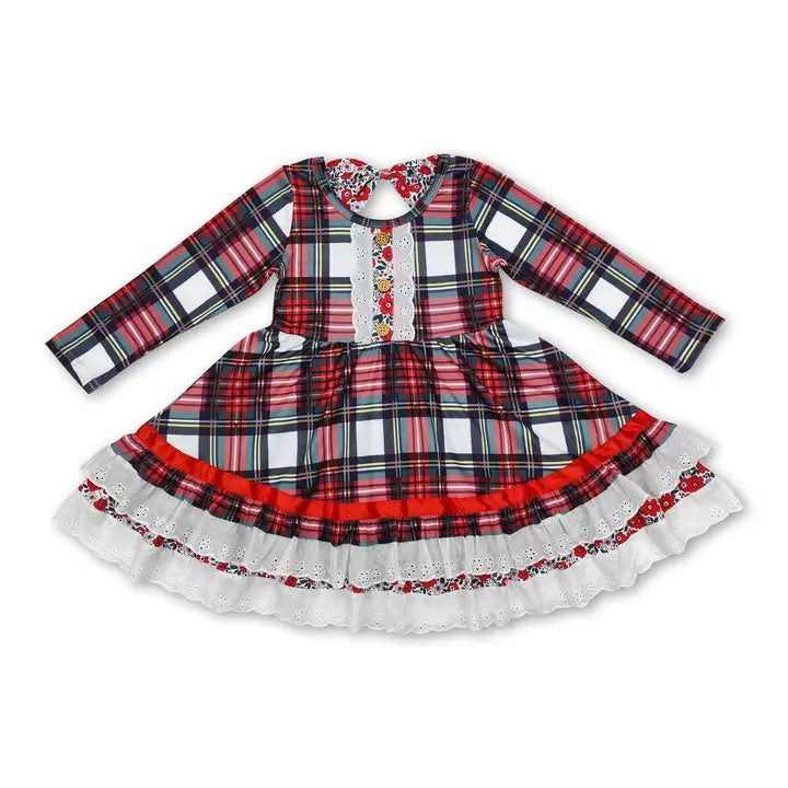 Christmas Plaid Ruffle Lace Twirl Dress Preorder