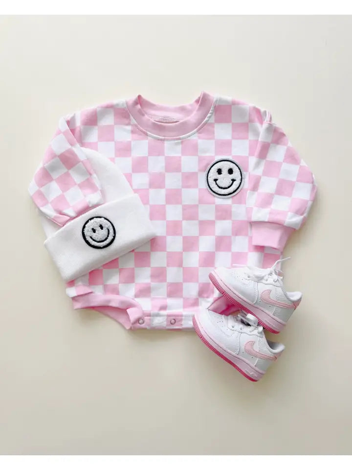 Checkered Smiley Pink Bubble Romper