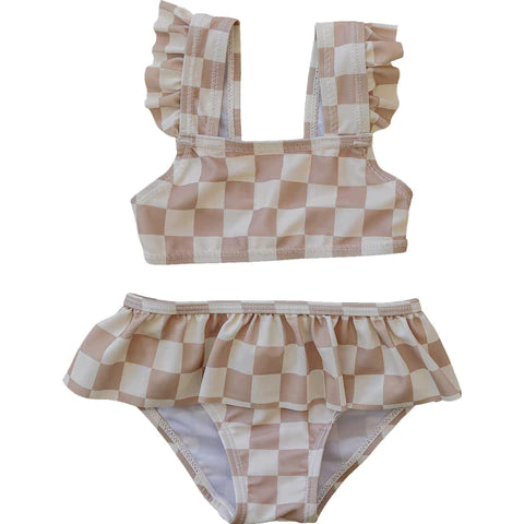 Taupe Checkered Ruffle Bikini Set - Ships in May!